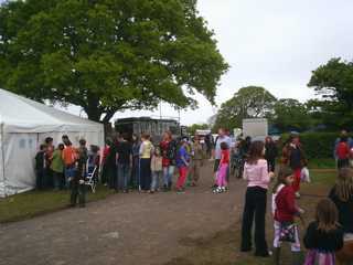 Queue of people in the morning outside the cybertent