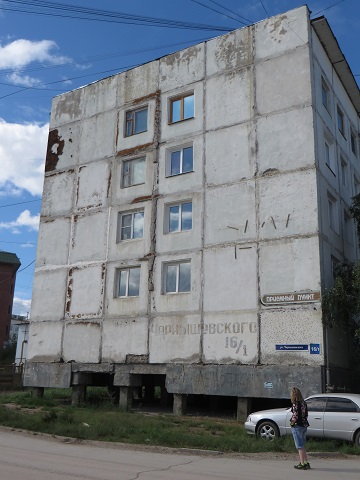 A Yakutsk apartment block raised on stilts to keep it out of the permafrost