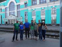 Group of travellers at Perm station, Russia